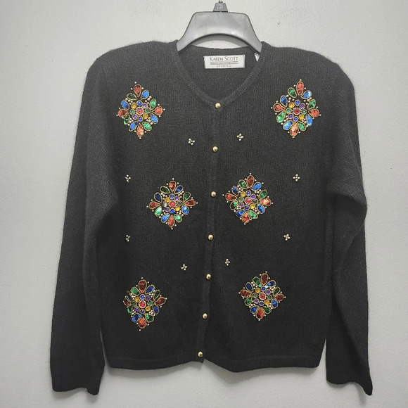 Karen Scott vintage women's sweater cardigan size M black silk rabbit ha… - Picture 1 of 6